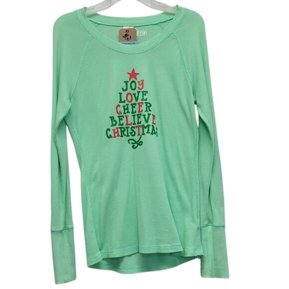 Hand Printed Upcycled Womens 2X Joy Love Cheer Believe Christmas Waffled Shirt - Picture 1 of 4